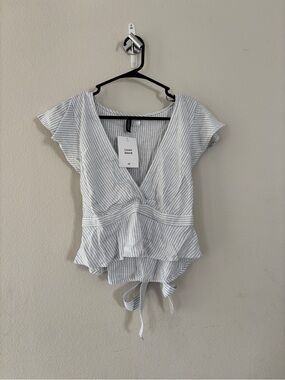 H&M Striped Wrap Peplum Top - Light Blue & White